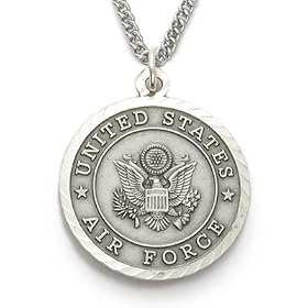 Sterling Silver 1" Round Engraved U.S. Air Force Medal w/ St. Michael on Back on 24" Chain