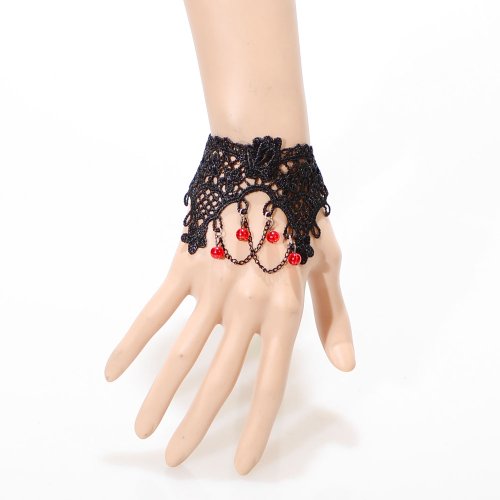 Yazilind Lolita Black Lace Red Crystal Slave Bracelet Metal Chain Red Beads