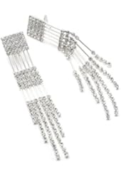 Silver Crystal 2 Layer Teardrop Pear Shape Dangle Clip Earrings Tipped with Upside Down Teardrop Shape