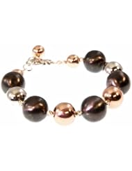 Tri Colored Italian Sterling Silver Ball Bracelet in White Sterling, Rose Gold Plated & Grey Rhodium Plated