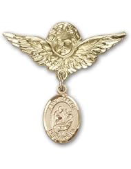 14K Gold Baby Badge with St. Jason Charm and Angel with Wings Badge Pin