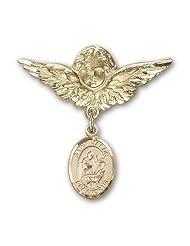 Gold Filled Baby Badge with St. Jason Charm and Angel with Wings Badge Pin