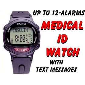 12 Alarm e-pill® Medication Reminder Watch. CADEX® Alarm Watch with Medical Alert Identification ID. BLACK watch.