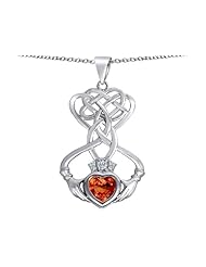 Celtic Love By Kelly (tm) Celtic Knot Claddagh Heart Pendant with Heart Shape Simulated Orange Mexican Fire Opal in 925 Sterling Silver