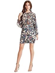 V-neck Shift Paisley Crepe/Polyester Long Sleeves Sheer Draped  Dress