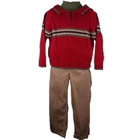 B T Kids Fall/Winter Boys 3 pc Red/Green Striped Sweater Corduroy Pants Set