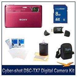 Sony DSC-TX7 10.2MP CMOS Digital Camera with 4x Zoom with Optical Steady Shot Image Stabilization and 3.5 inch Touch Screen LCD (Red) with 8GB Card, Card Reader, Carrying Case, LCD Screen Protectors, and Lens Cleaning Kit
