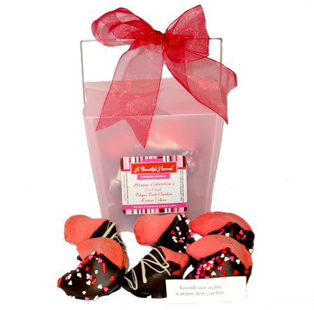 Dark Belgian Chocolate Dipped Valentines Fortune Cookies In Pink Container by A Bountiful Harvest