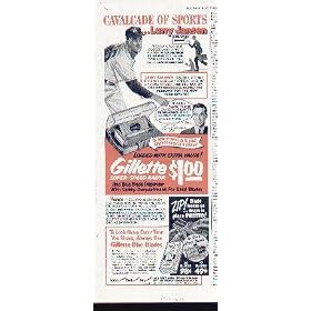 GILLETTE CAVALCADE OF SPORTS - LARRY JANSEN, the New York Giants grabbed Lanky Larry in a hurry after he won 30 games for the San Francisco Seals in 1946, while losing only six. ..... 1952 GILLETTE Blue Blades Ad, A5036.
