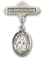 Sterling Silver Baby Badge with St. Basil the Great Charm and Godchild Badge Pin
