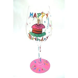 Happy Birthday Cake Handpainted Wine Glass W/Gift Box