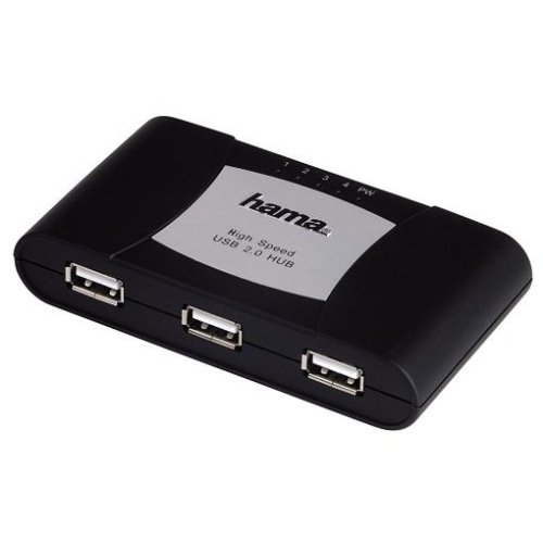Hama USB 2.0 Hub 1:4, Schwarz, mit Netzteil, Blister