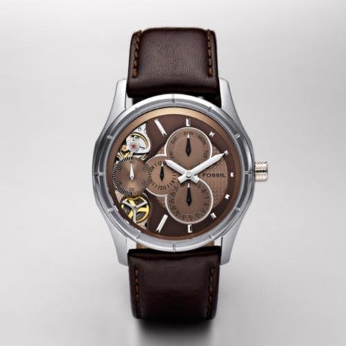 Best Price Fossil Men's ME1020 Brown Leather Strap Textured Champagne Cutaway Analog Dial Multifunction Chronograph Watch
