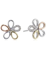 S&G Sterling Silver and 14k Gold Flower Diamond Stud Earrings