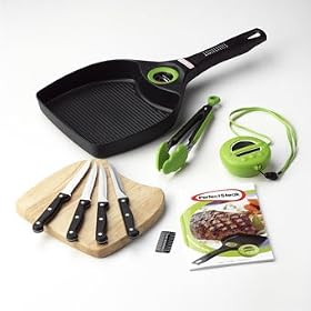 Perfect Steak Advanced Grill Pan System with built in temperature gauge & digital pod timer plus Wooden knife block and 4 steak knives, cook all meats and vegetables to perfection