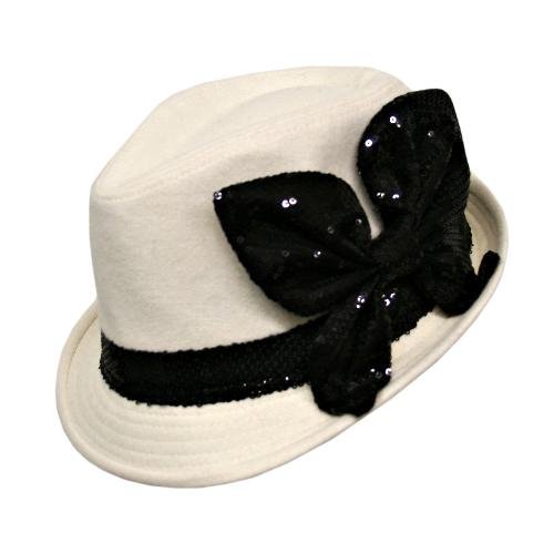 Winter White Fedora Big Oversized Sequin Black Bow