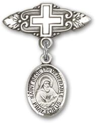 Sterling Silver Baby Badge with St. Bede the Venerable Charm and Badge Pin with Cross