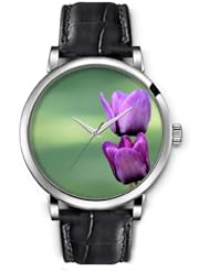 SPRAWL Aanalog Fashion Series Silver Ladies Watches of Genuine Black Leather Strap,Unique Wrist Watch for Women Girls Designed with Purple flowers