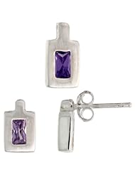 Sterling Silver Matte-finish Rectangular Earrings (9mm tall) & Pendant (11mm tall) Set, w/ Emerald Cut Amethyst-colored CZ Stones