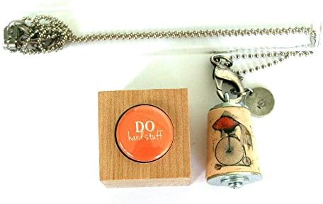 Goldfish Riding Bicycle NECKLACE - Cork in Test Tube with Wood Cube - Choice of Chain Length - Any Initial Stamped on Charm