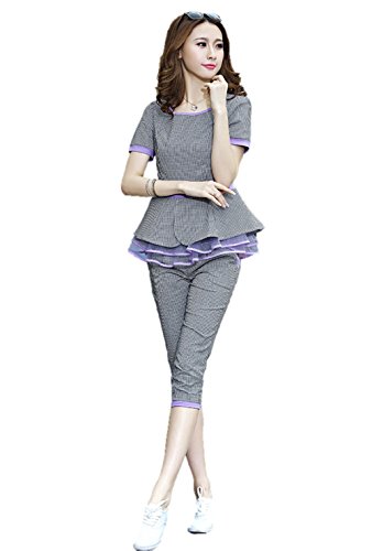 春夏 パンツスーツ ツーピース  トリムカラー4色 ラウンドネック 半袖 スキニーパンツ 七分丈 ウエストペプラム クマのぬいぐるみ付き K-3554