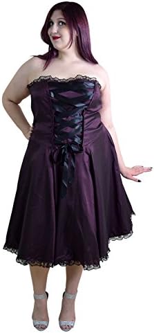 Skelapparel Plus Size Gothic Rockabilly Purple Satin Corset Lace-up Dress (28W)
