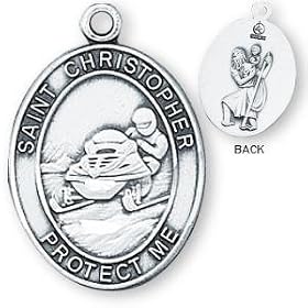 Sterling Silver Saint Christopher Mens-Boys Snowmobiling Medal and 24-inch Chain