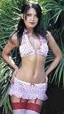 4 piece flocked mesh Heart and Ruffle Halter Bra, Skirt, G-String and Stocking Set