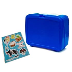 Lunchbox Baltic Blue Plastic with White Handle plus Pirate Stickers