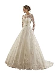 A-line Applique Lace-Up Jeweled Long Sleeves Satin/Tulle  Dress with a Chapel Train  With a Sash 