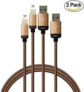 Winky(TM) 2Pack 3FT Extra Long Nylon Braided 8Pin to USB Power Cable Cord with Aluminum Heads for iPhone 6/6s/6 Plus/6s Plus/5/5c/5s, iPod Nano 7 iPod Touch 5 (2x3ft Gold)