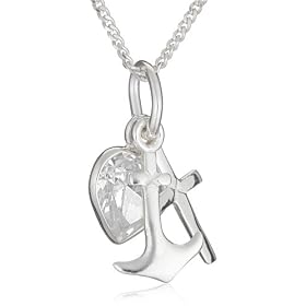 Silver Cubic Zirconia Faith/Hope/Charity Pendant + Curb Chain