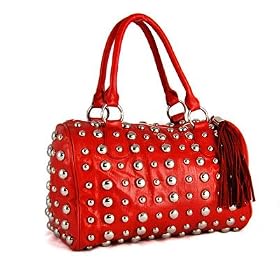 New Faux Leather Domino Bowler Handbag Purse with Metal Studs - a lot of colors available