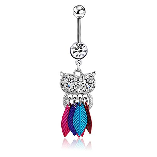 WILLTOO 1PC Cute Crystal Owl Dangle Belly Button Bar Navel Ring Body Piercing Jewelry (Multicolor)