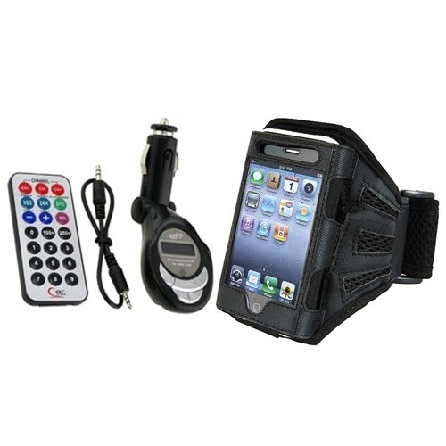 Universal FM Transmitter w/ USB/SD/MMC Slot + Black Deluxe Armband for Apple iPhone / iPod Touch