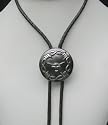 The "Long Horn" Black Iron Brushed Silver Braided Black Leather Bolo Tie.