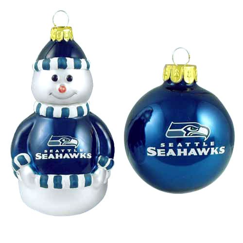 NFL Seattle Seahawks Snowman and Ball Mini Blown Glass Ornaments