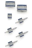 Solid 14k White Gold and Diamond Sapphire Cufflinks, Tie Tac and Stud Set
