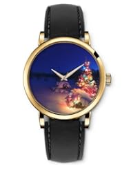 SPRAWL Aanalog Fashion Series Gold Ladies Watches of Genuine Black Leather Strap,Unique Wrist Watch for Women Girls Designed with Christmas Tree in the Snow