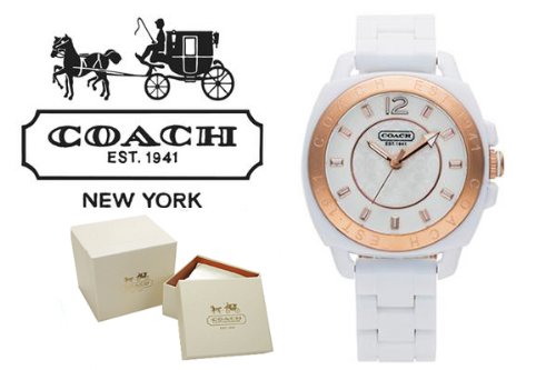 Coach Boyfriend Gold Bezel White Acrylic Bracelet Watch