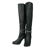 スタッズベルト付きレザーニーハイブーツ《レディース：ブラック》Stads Knee High Boots　G3011の画像