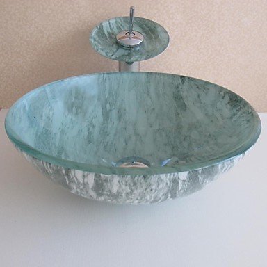 Bathroom Sink Set Tempered Glass Vessel Sink With Waterfall Faucet
