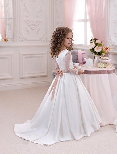 DressHome Long Sleeves Lace Satin Baby Girl Dresses Pageant Weeding Gown (2, White Coffee)