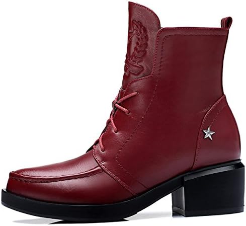 Womens Mid Heel Leather Shoes Lace Design Side Zipper Round Toe Wine-red Mid-calf Warm Martin Boots EU34