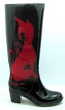 Womens X1130 Black Cat Print High Heel Wellington Boots
