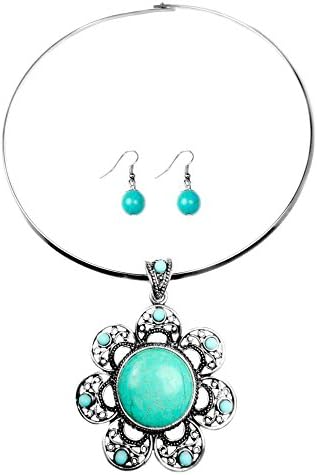 Miao Inspired Silver Collar &amp; Earring Set - Flower Bloom Turquoise Stone