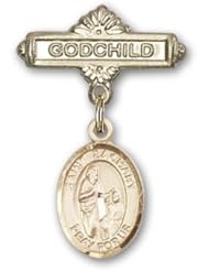 14K Gold Baby Badge with St. Zachary Charm and Godchild Badge Pin