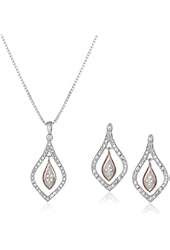 Two Tone Sterling Silver and 18k Rose Gold over Silver Diamond Pendant Necklace and Earrings (1/10 cttw, I-J Color, I2-I3 Clarity)