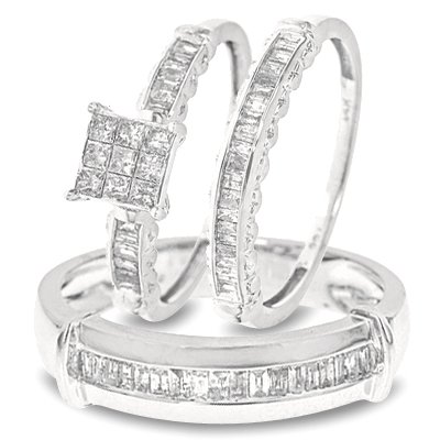 1 Carat T.W. Princess Baguette Cut Diamond Matching Ring Set 10K White Gold Three Ring - Ladies Engagement Ring, Wedding Band & Mens Wedding Band - Free Gift Box -