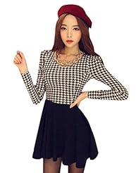 Long Sleeves Houndstooth Print  Dress